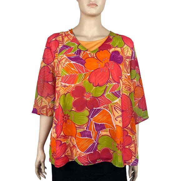 Maggie Barnes Women's Multicolored Floral 2Fer 3/4 Sleeves Tunic Blouse 2X 22/24 - Picture 1 of 6
